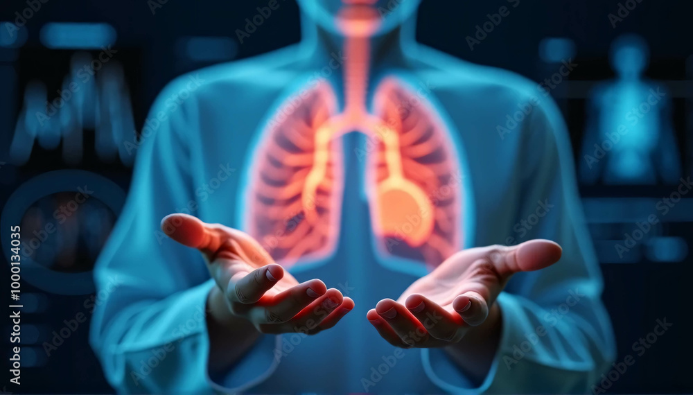 Individual, hands, and medical x-ray of lungs for research on ...