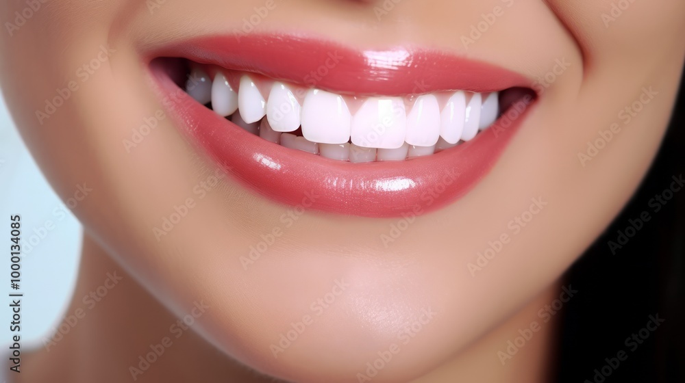 Obraz premium Beautiful female smile after teeth whitening procedure. Dental care. Dentistry concept. Neural network ai generated art