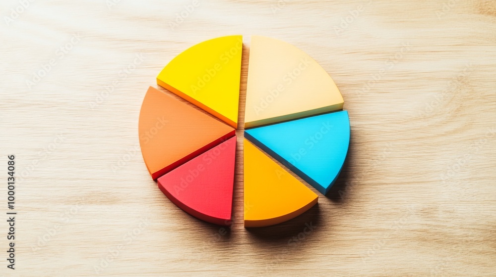 Fototapeta premium A close-up of a financial pie chart displaying customer demographics, with distinct colors for age groups and gender, arranged on a light wooden background for contrast.