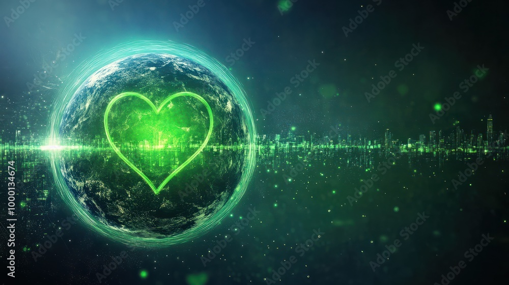 Obraz premium Graphic design of Earth featuring a pulsing green heartbeat, highlighting the importance of sustainability in the business world. Corporate carbon reduction