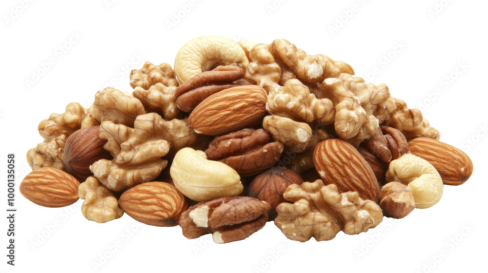 A pile of mixed nuts including almonds, walnuts, and cashews solated on transparent background, PNG file