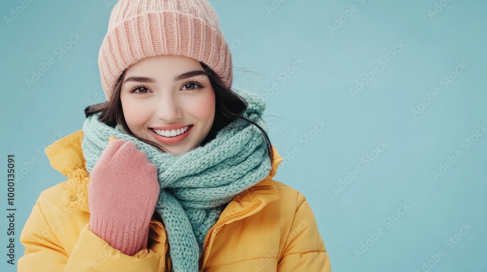 Happy brunette woman wear winter cloth isolated on pastel background Happy brunette woman wear winter cloth isolated on pastel background