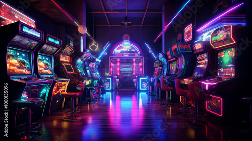 Retro arcade with neon-lit games and machines.