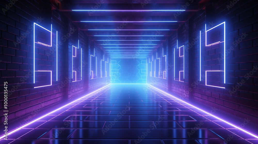 Sci Fi Modern Futuristic Retro Club Dance Background Tunnel Corridor Empty Neon Glowing Purple Blue Lights On grunge Reflective Concrete With Brick Wall Background 3D Rendering Sci Fi Modern Futuristic Retro Club Dance Background Tunnel Corridor Empty Neon Glowing Purple Blue Lights On grunge Reflective Concrete With Brick Wall Background 3D Rendering