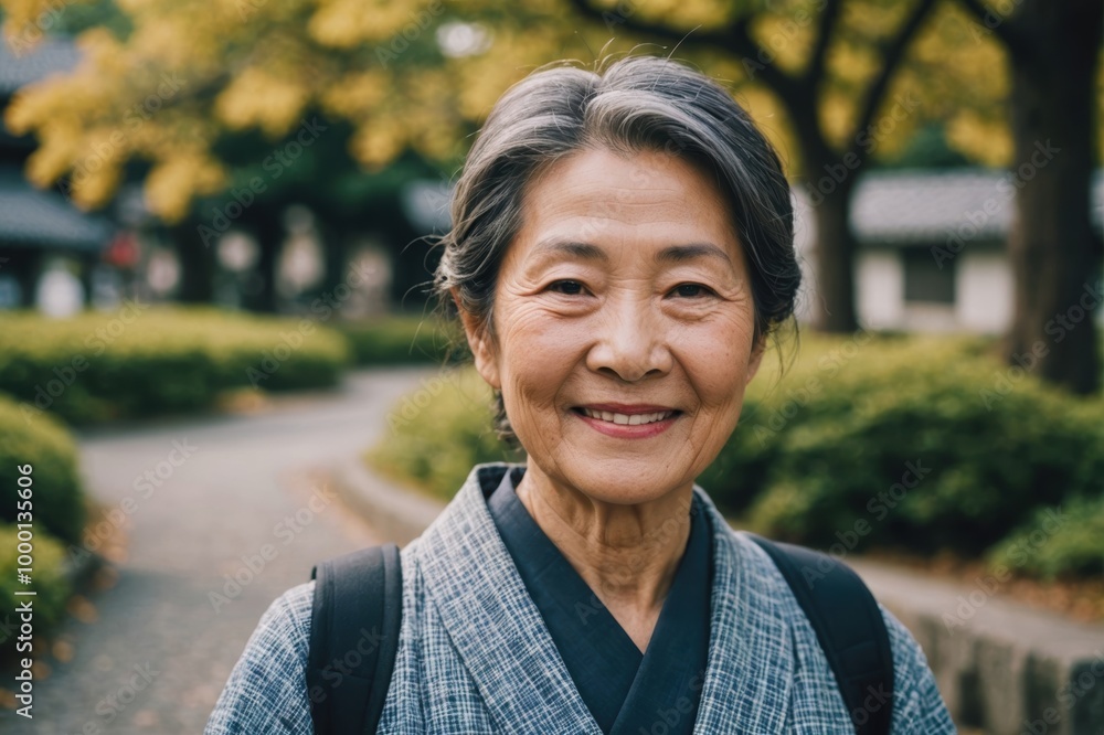 Close portrait of a smiling senior Japanese woman looking at the camera, Japanese outdoors blurred background Close portrait of a smiling senior Japanese woman looking at the camera, Japanese outdoors blurred background