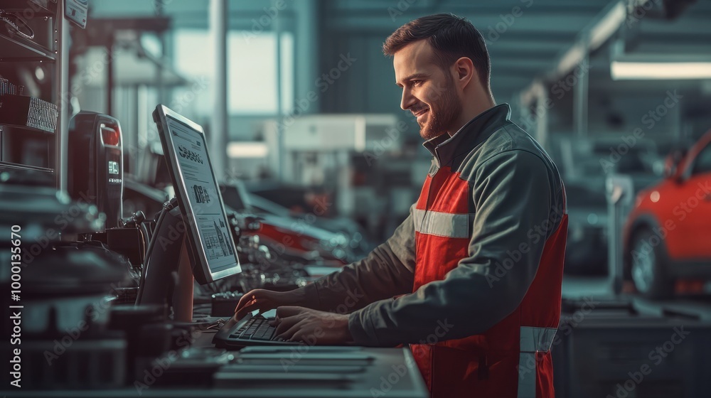 Happy salesman in a modern auto shop using a computer to sell, with various car parts, in the background Happy salesman in a modern auto shop using a computer to sell, with various car parts, in the background