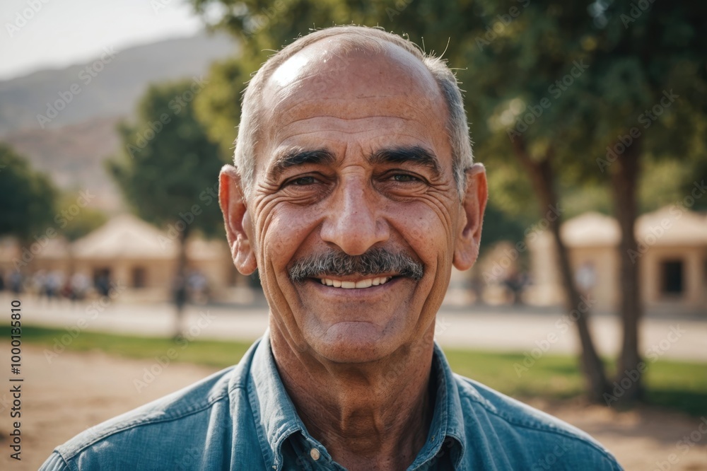 Close portrait of a smiling senior Jordanian man looking at the camera, Jordanian outdoors blurred background Close portrait of a smiling senior Jordanian man looking at the camera, Jordanian outdoors blurred background