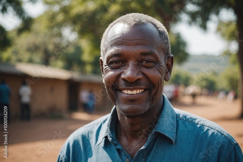 Close portrait of a smiling senior Kenyan man looking at the camera, Kenyan outdoors blurred background