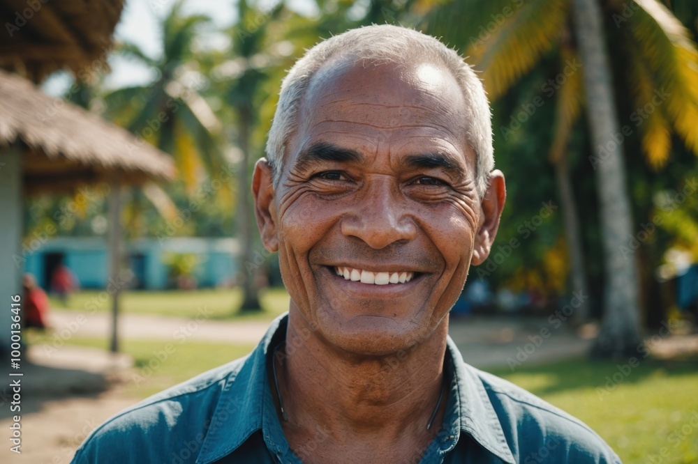 Close portrait of a smiling senior Kiribati man looking at the camera, Kiribati outdoors blurred background Close portrait of a smiling senior Kiribati man looking at the camera, Kiribati outdoors blurred background
