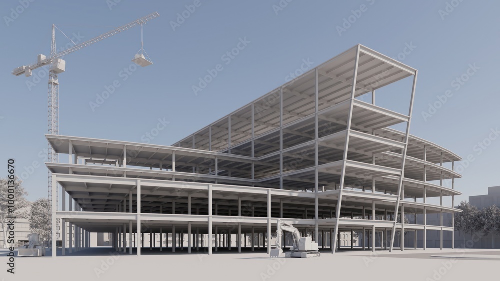 construction site with crane. 3D rendering. White view. Clay rendering construction site with crane. 3D rendering. White view. Clay rendering