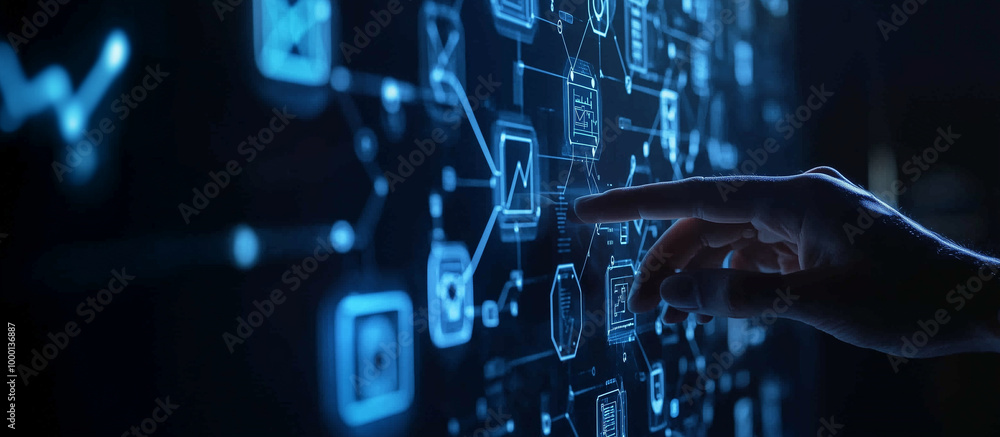 Fototapeta premium Close-up of a hand touching a digital network interface, showcasing the evolution of 5G LTE technology, mobile data connections, and their impact on global business, fintech, and b