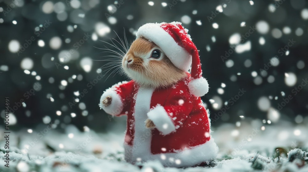 Little tiny bunny dressed up as Santa Claus on snowing Little tiny bunny dressed up as Santa Claus on snowing
