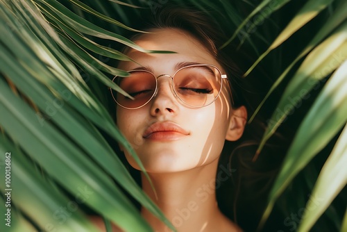 A serene portrait of a woman with sunglasses, surrounded by lush green leaves, evoking a sense of tranquility.