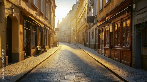 Serene prague street at dawn  gentle sunlight illuminates a quiet morning with closed cafes