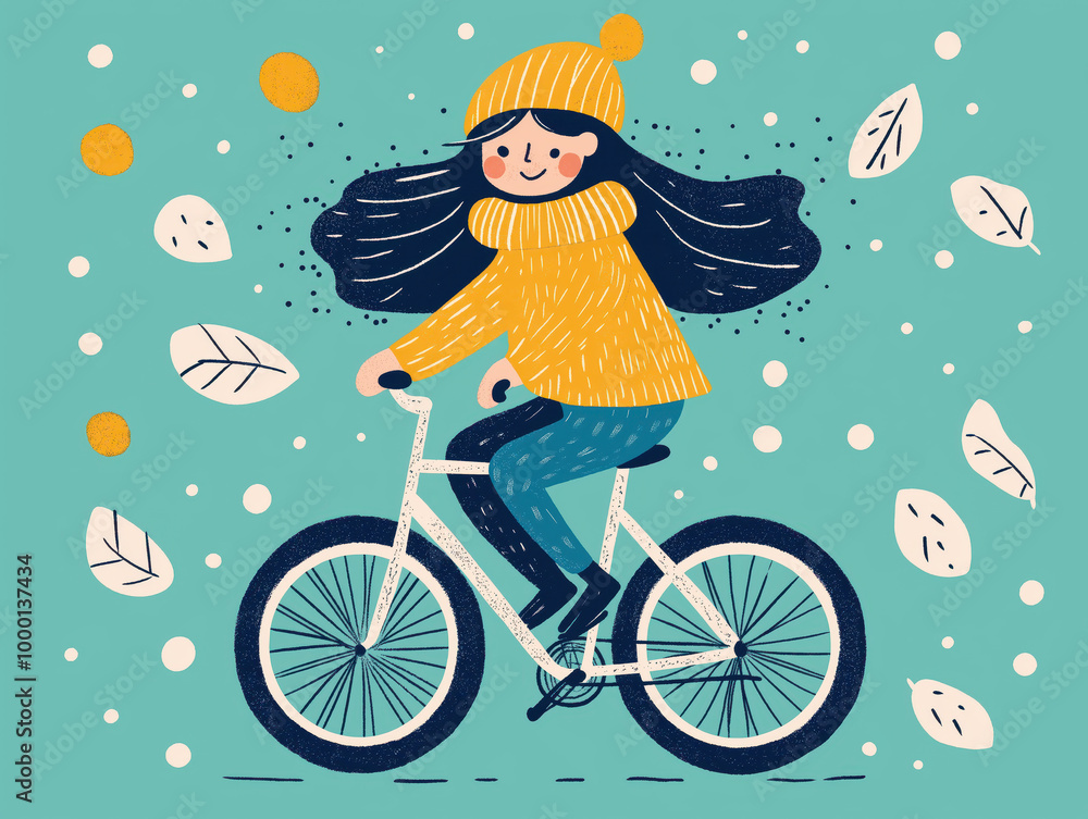 Cute girl riding a bicycle in the autumn season, minimalist vector illustration with falling leaves Cute girl riding a bicycle in the autumn season, minimalist vector illustration with falling leaves