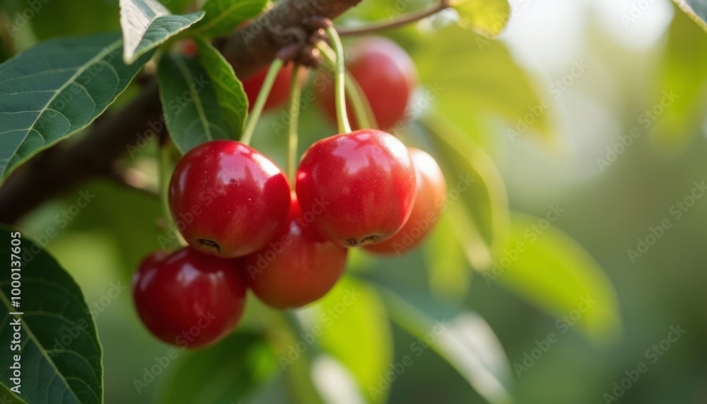 Bright red cherries hanging from a tree branch Bright red cherries hanging from a tree branch