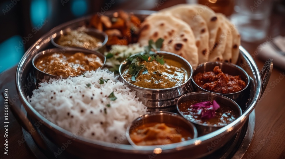 A close-up of a thali platter filled with an assortment of curries, rice, and flatbreads, beautifully presented, highlighting the richness and variety of Indian dining. A close-up of a thali platter filled with an assortment of curries, rice, and flatbreads, beautifully presented, highlighting the richness and variety of Indian dining.