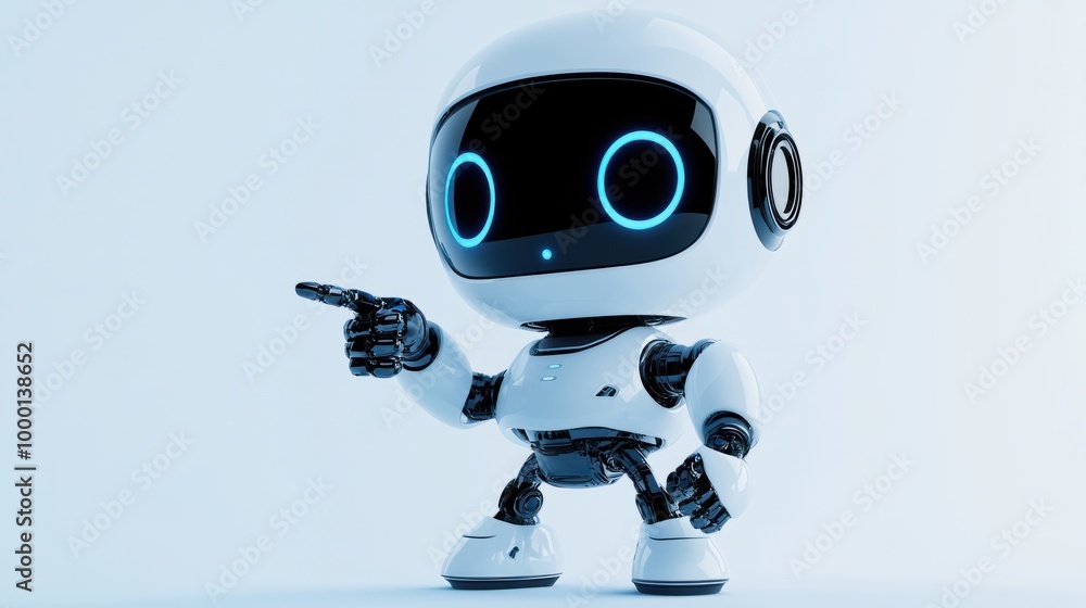 Positive cute robot pointing at a space. Copy space, ai generated Positive cute robot pointing at a space. Copy space, ai generated