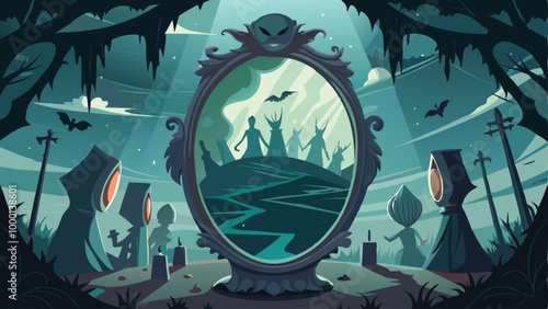 Print Cursed Mirror Reflecting Haunted Room Background Vector Illustration with Eerie Atmosphere