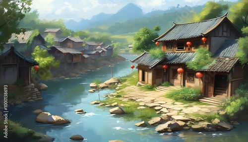 Whimsical painting of a tranquil village along a riverside in the enchanting rural landscapes of Asia photo