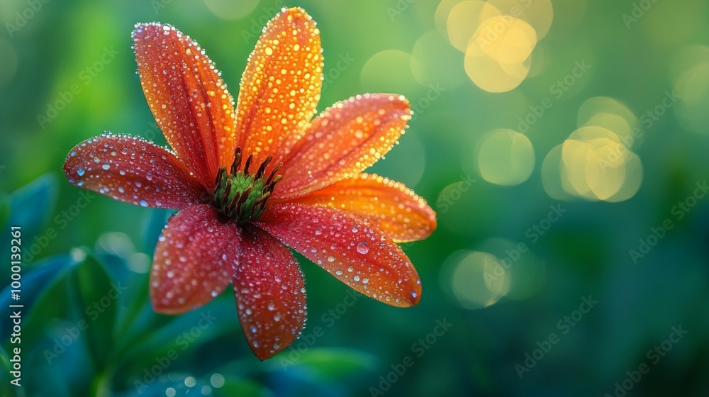 A close-up of a vibrant flower with delicate dew drops on its petals, glistening in the early morning light, set against a blurred green background. A close-up of a vibrant flower with delicate dew drops on its petals, glistening in the early morning light, set against a blurred green background.