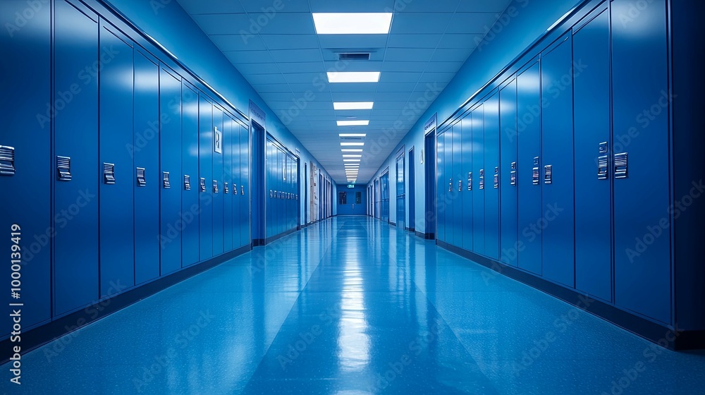 Empty Blue Hallway with Lockers on Both Sides Empty Blue Hallway with Lockers on Both Sides