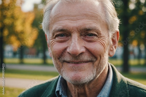 Close portrait of a smiling senior Lithuanian man looking at the camera, Lithuanian outdoors blurred background