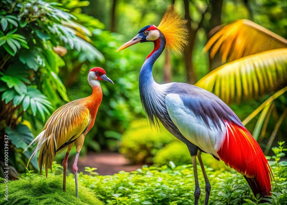 Fototapeta premium Majestic Bird and Elegant Crane Standing Gracefully Amidst Lush Greenery in a Serene Natural Setting