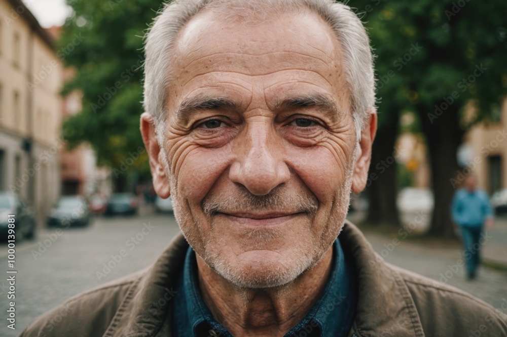 Close portrait of a smiling senior Macedonian man looking at the camera, Macedonian outdoors blurred background Close portrait of a smiling senior Macedonian man looking at the camera, Macedonian outdoors blurred background