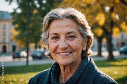 Close portrait of a smiling senior Macedonian woman looking at the camera, Macedonian outdoors blurred background