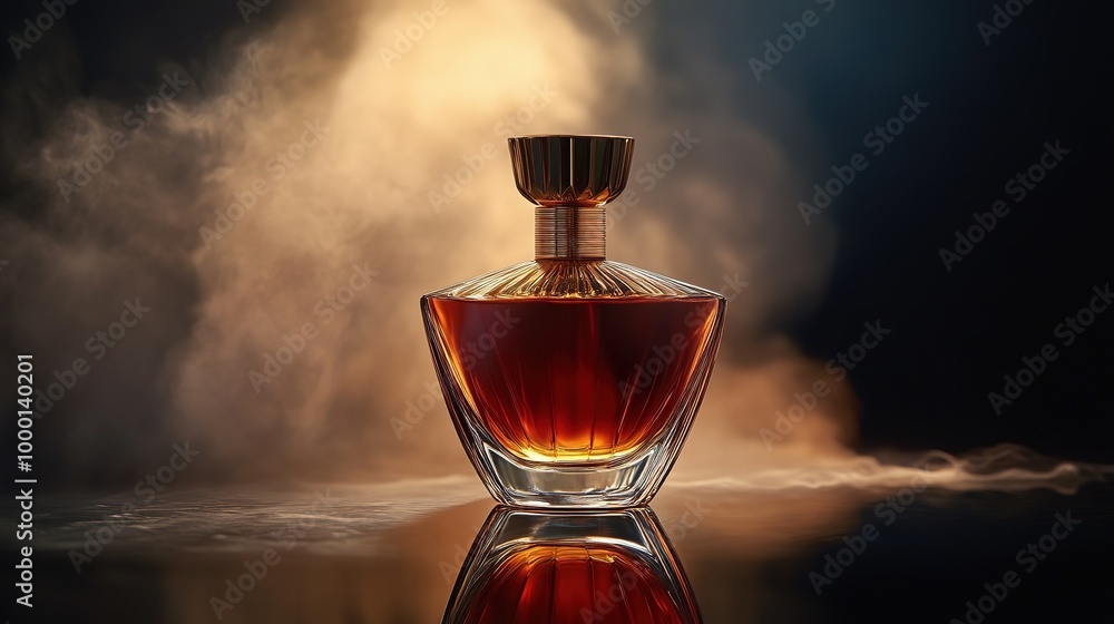 Elegant glass perfume bottle reflecting warm hues against a misty backdrop in a softly lit setting Elegant glass perfume bottle reflecting warm hues against a misty backdrop in a softly lit setting