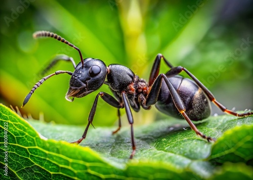 Majestic Black Garden Ant Queen on a Leaf in Nature, Close-Up of Insect Royalty and Its Habitat