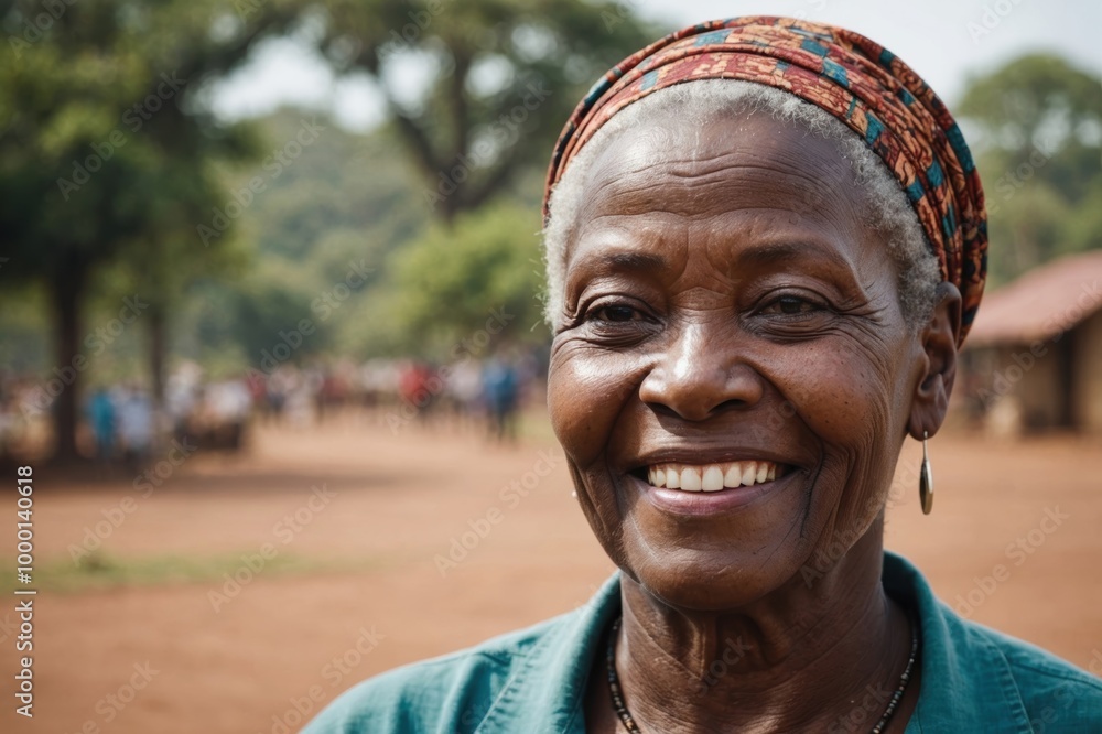 Close portrait of a smiling senior Malawian woman looking at the camera, Malawian outdoors blurred background Close portrait of a smiling senior Malawian woman looking at the camera, Malawian outdoors blurred background