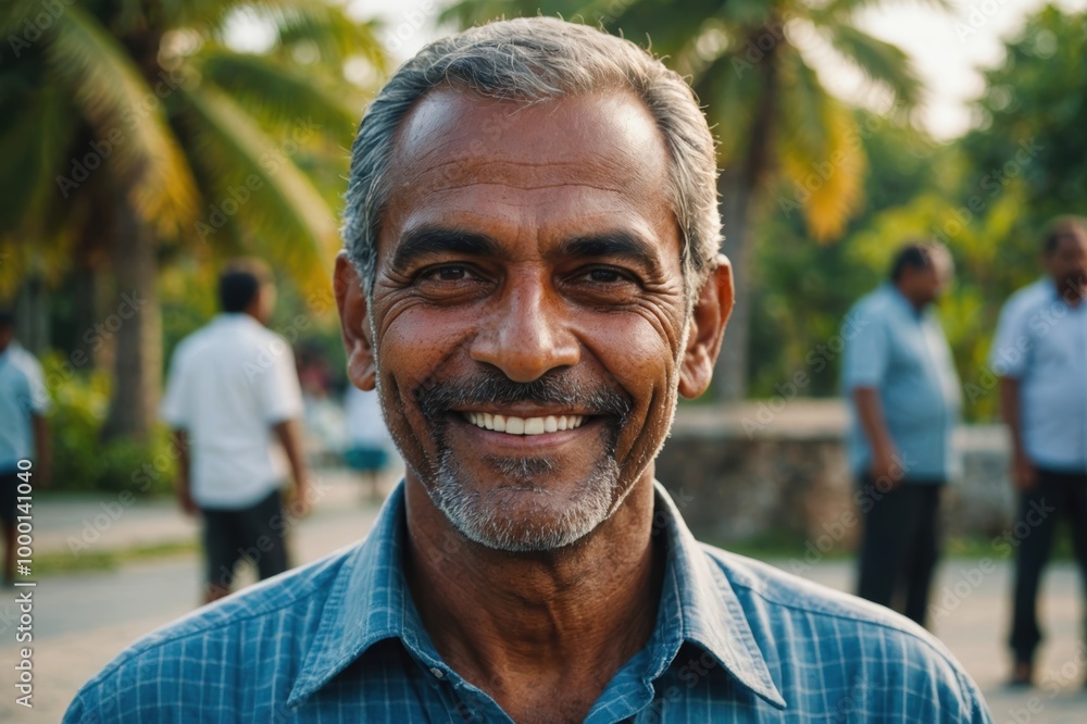 Close portrait of a smiling senior Maldivian man looking at the camera, Maldivian outdoors blurred background Close portrait of a smiling senior Maldivian man looking at the camera, Maldivian outdoors blurred background