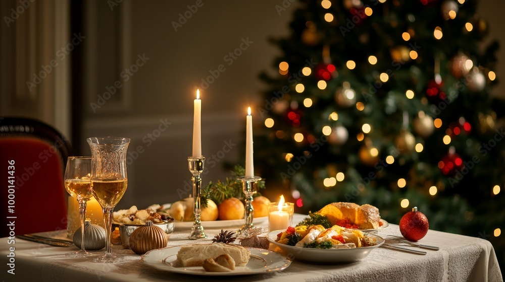 A beautifully decorated Christmas table setting with candlelight, sparkling wine glasses, and a delicious meal, all set against a festive Christmas tree in the background. This image embodies the spir A beautifully decorated Christmas table setting with candlelight, sparkling wine glasses, and a delicious meal, all set against a festive Christmas tree in the background. This image embodies the spir