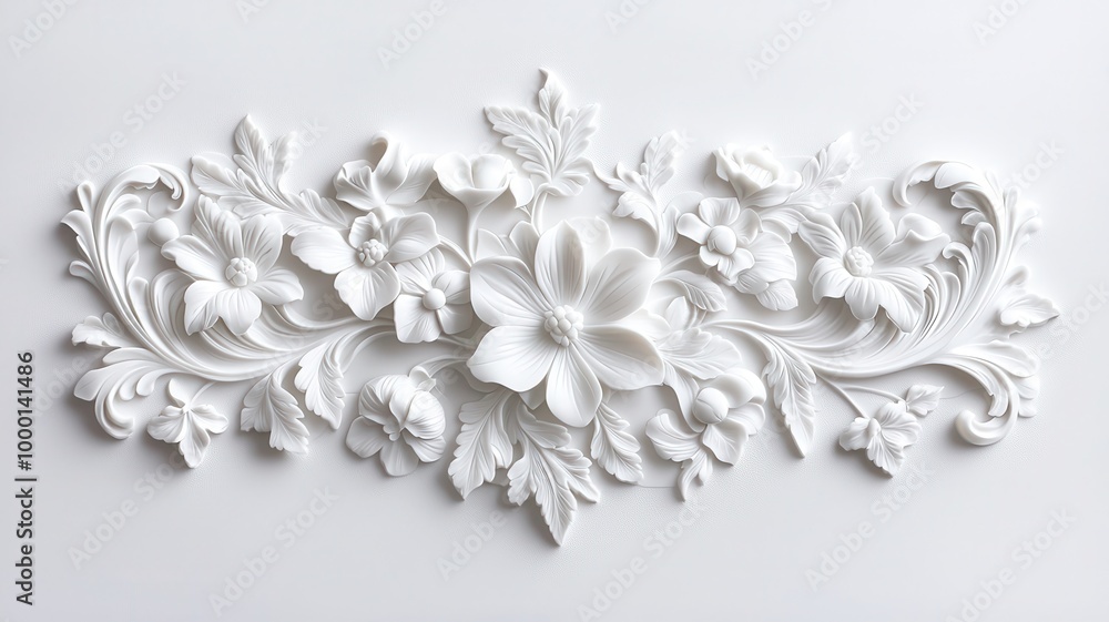 Decorative white floral relief on a plain background, perfect for design elements. Decorative white floral relief on a plain background, perfect for design elements.