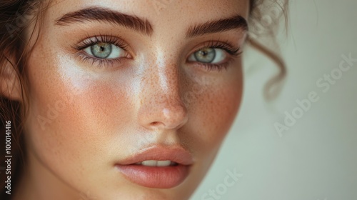 A close-up of a woman face with dewy skin and subtle makeup, her eyes gazing into the camera with a gentle expression, set against a neutral background. photo