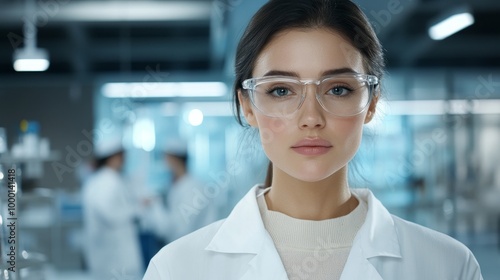 A beautiful young woman scientist wearing a white lab coat and safety glasses  looking directly at the camera with a confident expression. She represents intelligence  innovation  and scientific disco