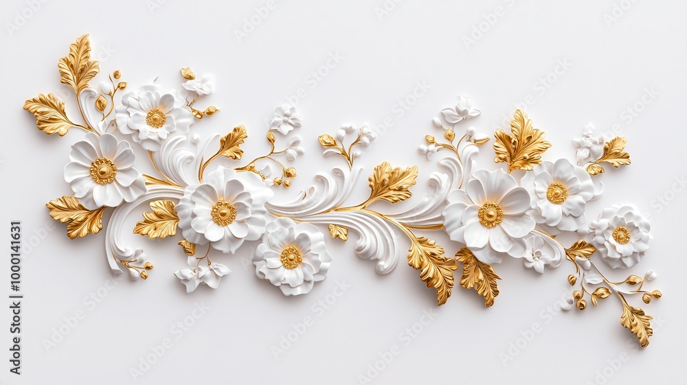 Elegant floral ornament with gold and white details on a white isolated background. Elegant floral ornament with gold and white details on a white isolated background.