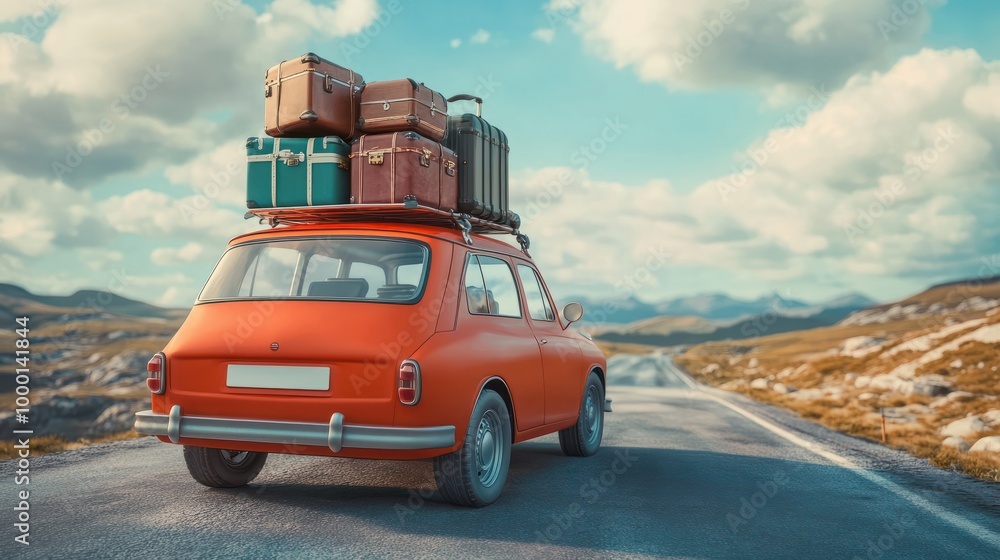 Travelling by retro car. Back view of a car with luggage on the roof. Car on the road with a lot of suitcases on roof. Family travel on vacation. Travelling by retro car. Back view of a car with luggage on the roof. Car on the road with a lot of suitcases on roof. Family travel on vacation.