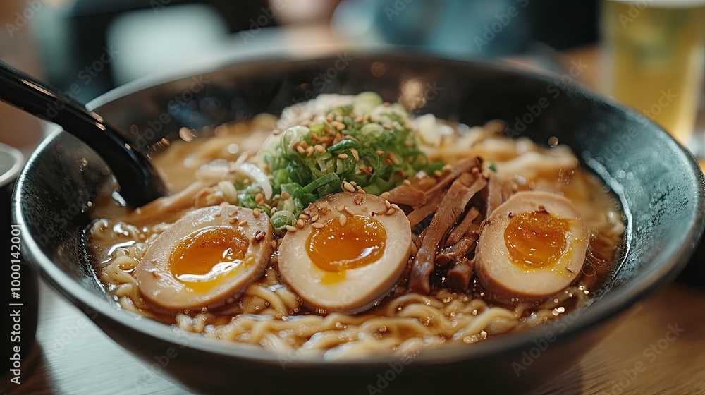 Bowl of Ramen with Soft-Boiled Eggs, Green Onions, and Sesame Seeds Bowl of Ramen with Soft-Boiled Eggs, Green Onions, and Sesame Seeds