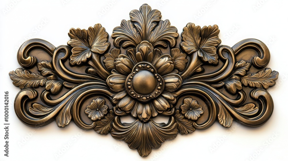 Ornate decorative metal relief with floral patterns, isolated on white background. Ornate decorative metal relief with floral patterns, isolated on white background.