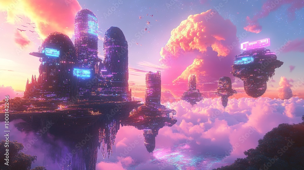 Futuristic floating islands with vibrant colors and ethereal lighting during a surreal sunset in a fantasy landscape Futuristic floating islands with vibrant colors and ethereal lighting during a surreal sunset in a fantasy landscape