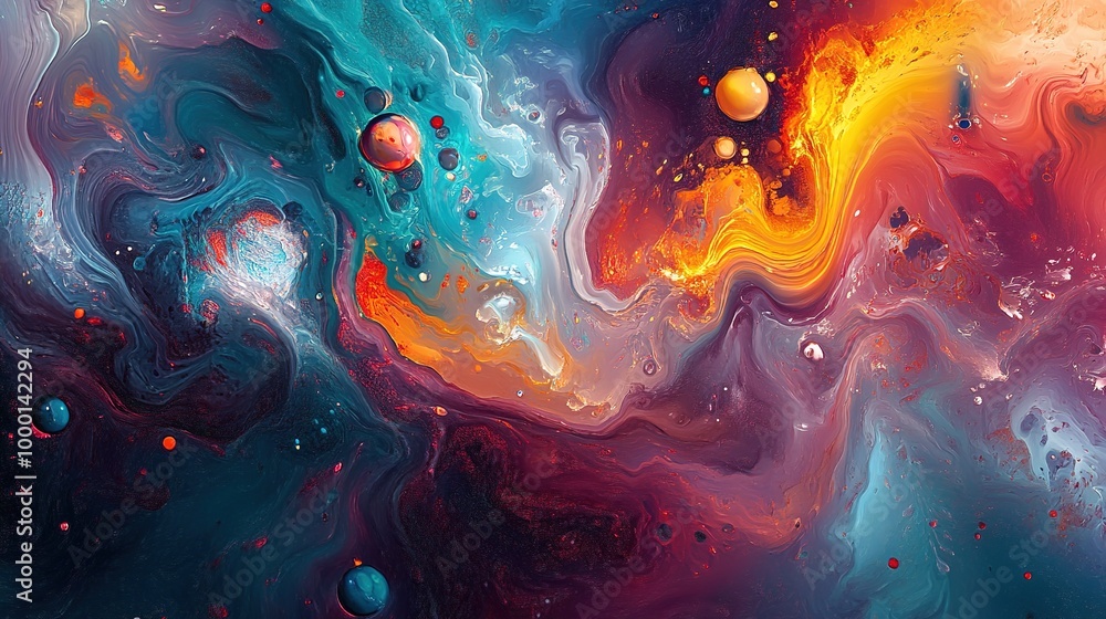 Vibrant abstract art with swirling blue, orange, purple, and yellow patterns creates a lively visual experience