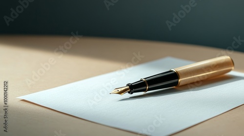 A calligraphy pen poised over blank parchment paper, ready to capture thoughts, ideas, and stories. Symbolizing creativity, communication, writing, literature, and artistic expression.