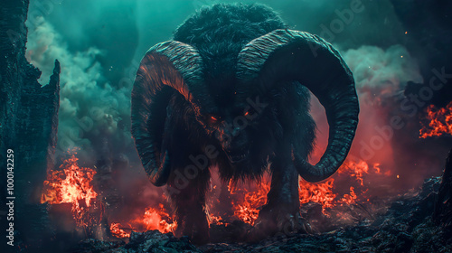 The beast from the earth, with two horns like a lamb, speaking like a dragon, performing great signs, menacing and dark imagery.
Bible revelation Torah New testament Satan Lucifer symbolism.