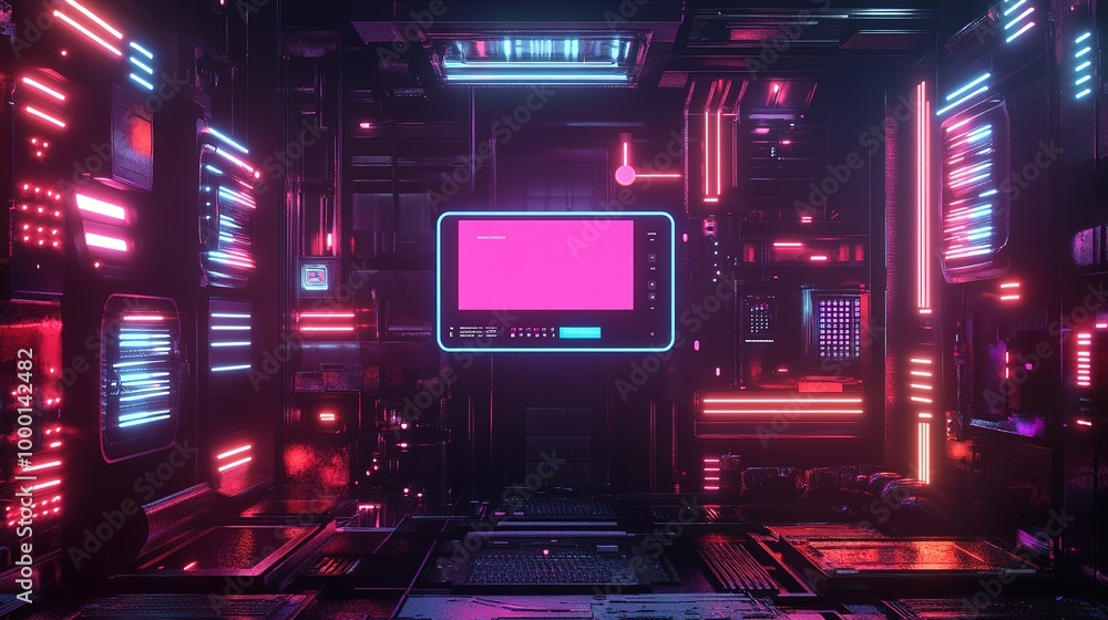 A futuristic neon-lit corridor featuring a central screen displaying vibrant pink graphics in a modern digital environment at night A futuristic neon-lit corridor featuring a central screen displaying vibrant pink graphics in a modern digital environment at night