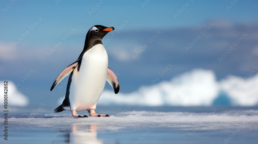 Obraz premium A charming penguin stands proudly on a snowy iceberg against a backdrop of a clear blue sky, symbolizing resilience, adaptation, and the beauty of the natural world.