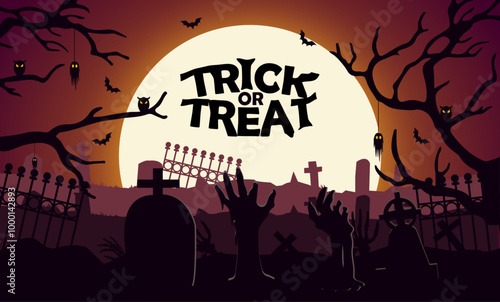 Halloween Cemetery Scene: Zombie Hands & Tombstones. A spooky midnight moon casts its glow over a graveyard, with eerie tombstones and zombie hands rising from the ground—perfect for a Halloween party