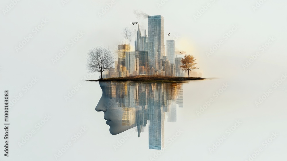 Fototapeta premium A cityscape transforms into natural elements, symbolizing the interconnectedness of humanity and the environment, showcasing the beauty of urban renewal and the potential for sustainable coexistence.